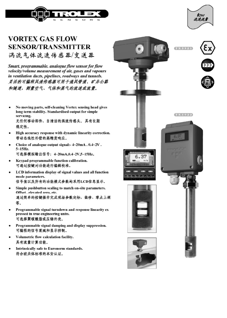 TROLEX渦流氣體流速傳感器/變送器TX5921