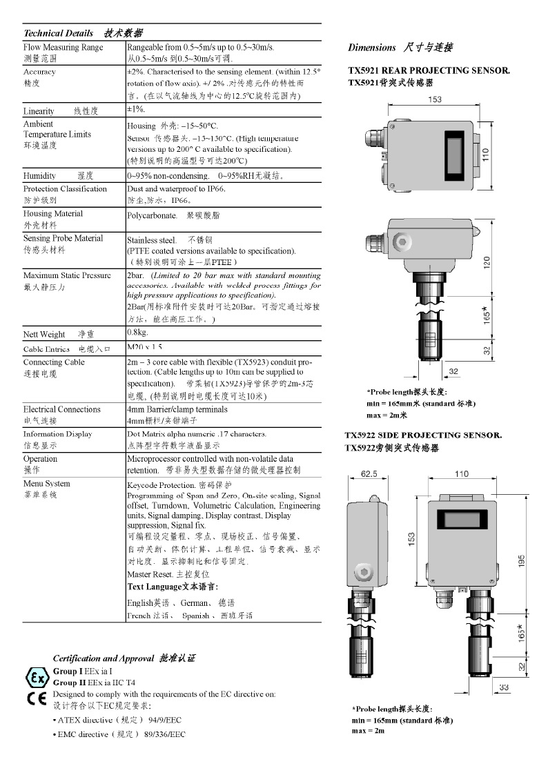 TROLEX渦流氣體流速傳感器/變送器TX5921